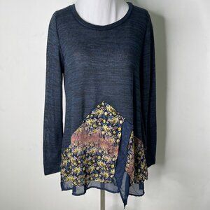 Poeme Women's Navy Blue Floral Long Sleeve Crewneck Blouse Size Medium